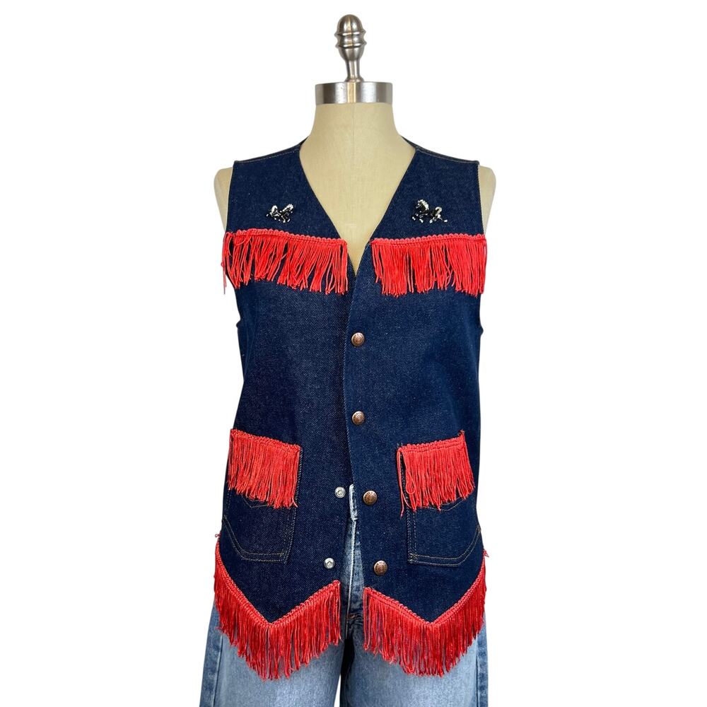 Vintage Women's Western Red Fringe Button Front Horse Pins Denim Vest (Sz S)